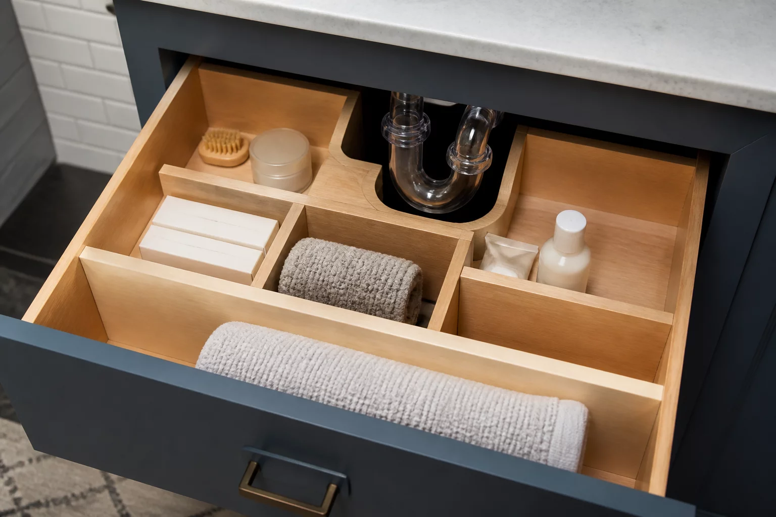 Creative Storage Around Fixed Plumbing